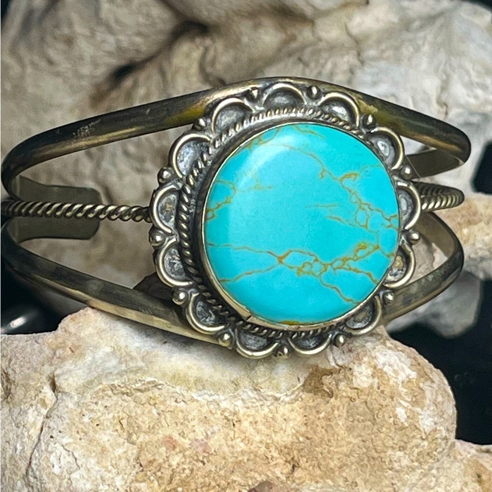 Large Navajo Blue Kingman Turquoise & Sterling Silver Cuff Bracelet Marked SS